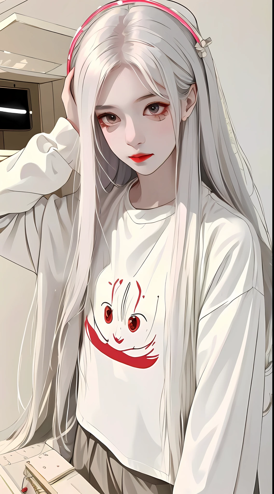 A girl, long white hair, red face, blush, eyeliner, silkworm, long hair, jewel-like eyes, (white T-shirt: 1.5), (laser gradient jacket), laser style hair, HD picture quality, realistic texture, high detail, contour light