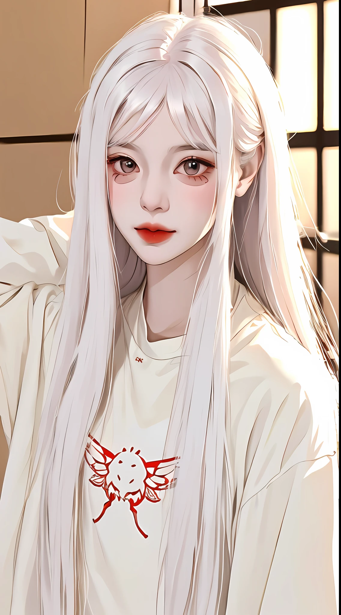 A girl, long white hair, red face, blush, eyeliner, silkworm, long hair, jewel-like eyes, (white T-shirt: 1.5), (laser gradient jacket), laser style hair, HD picture quality, realistic texture, high detail, contour light