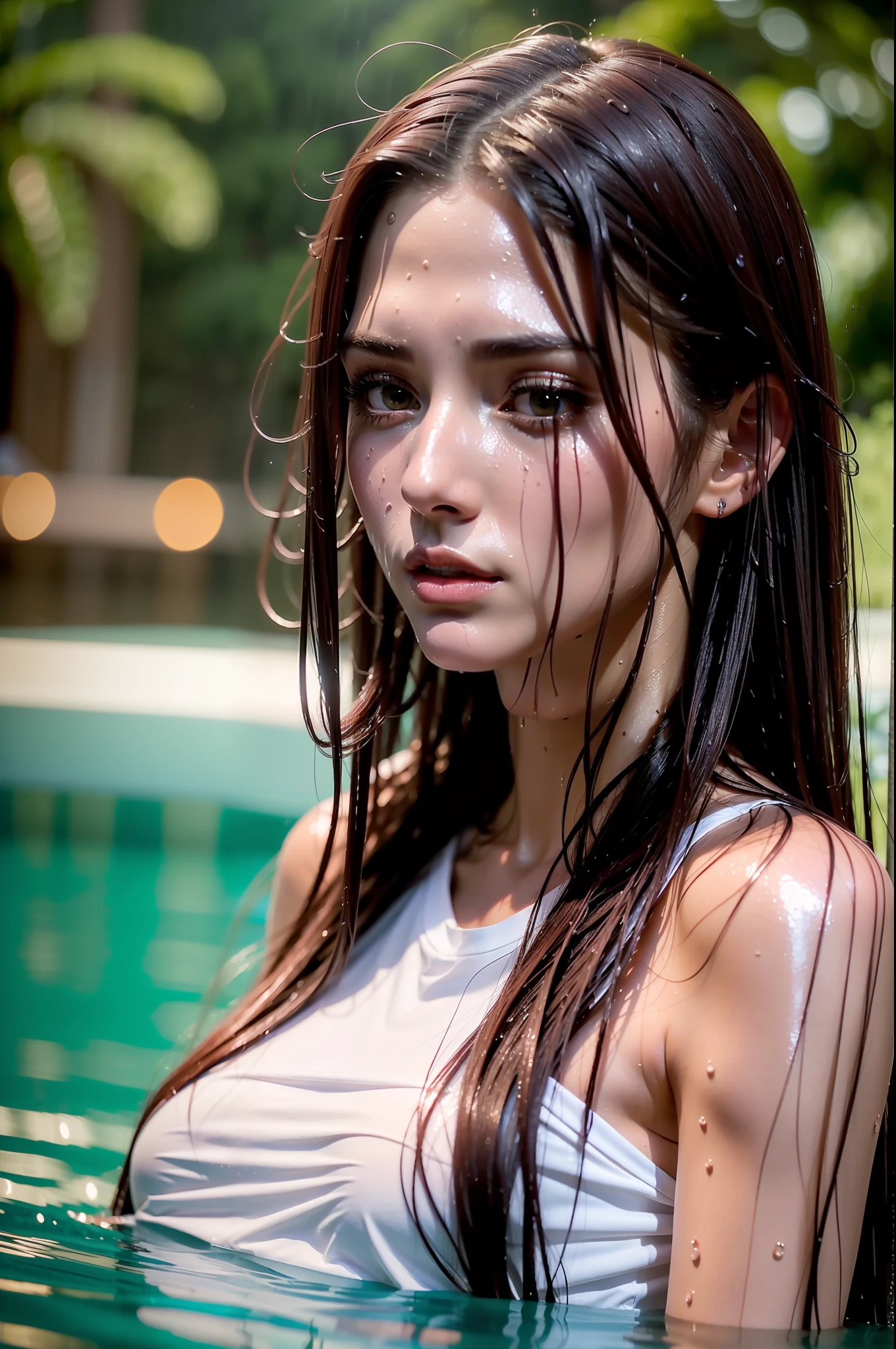 (tall woman with slim figure), (she sits in the pool in rainy weather), ((dark red very long hair)), (small head), ((detailed realistic face and eyes)), cinematic lighting, 8K resolution, ((long white shirt)), ((very wet shirt)), ((wet hair)), (she pulls down the shirt)