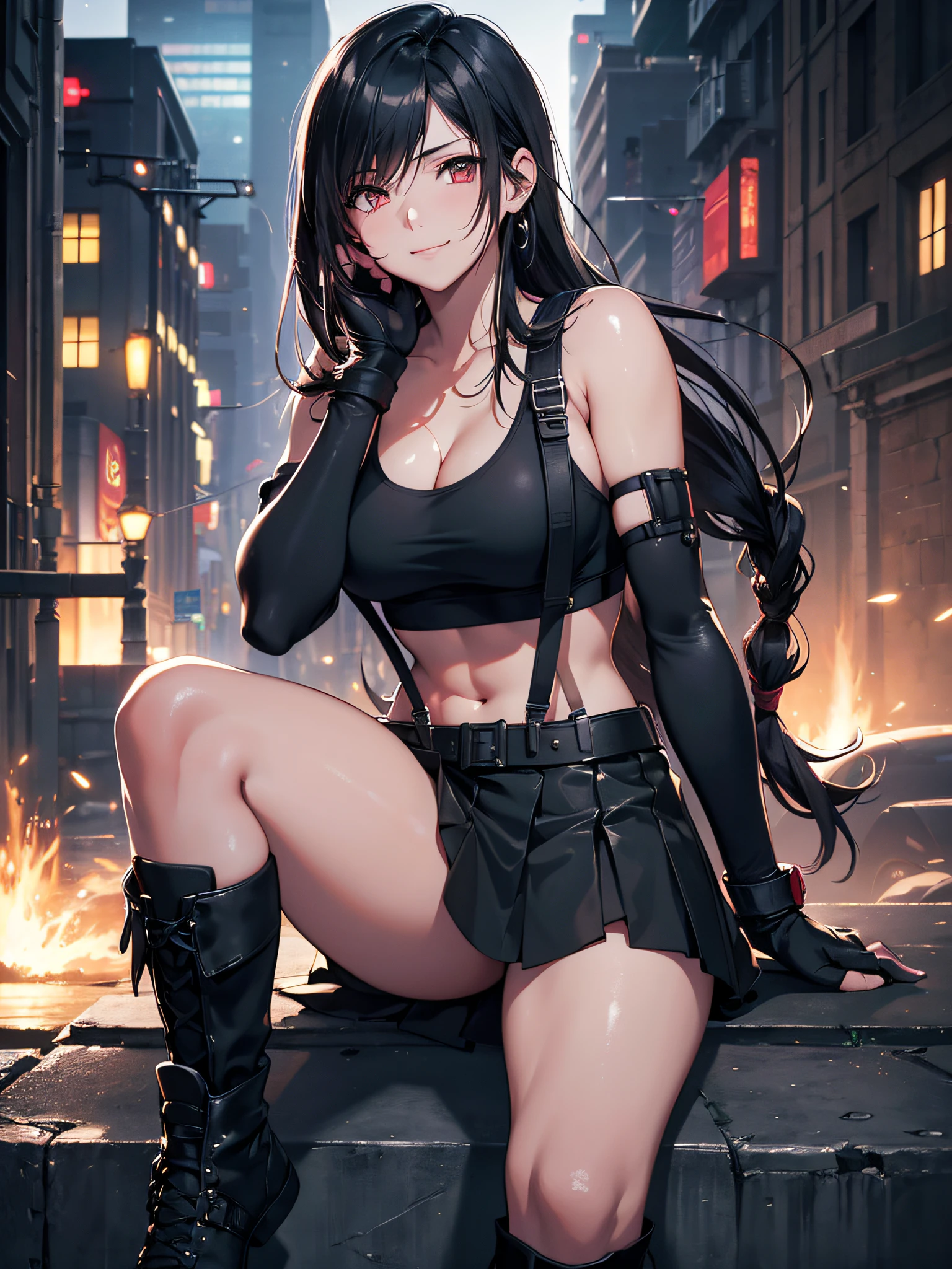 (8K, Best Quality, Masterpiece: 1.2), (Realistic, Photorealistic: 1.37), Super Detail, One Girl, Cute, Solo, (Tifa Lockhart), (Big Breasts), (Beautiful Eyes), (Smile: 1.2), (Closed), Model Pose, Green Light Neon, Cityscape, Depth of Field, Dark and Strong Shadows, Sharp Focus, Motion Blur, depth of field, composition, Final Fantasy VII, dating, (nose brush), single elbow pads, ankle boots, black hair, red boots, elbow gloves, elbow pads, fingerless gloves, sports bra, black skirt (suspenders), white tank top: 1.5, full body, headrest, beautiful face, low tie long hair, (red_eyes), (night: 1.3), complex, cinematic lighting, photon mapping, radiosity, physically based rendering, (Tetsuya Nomura style), perfect breast, cleavage: 1.2,