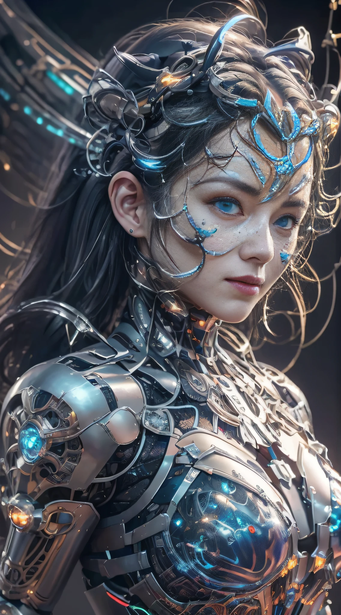 Masterpiece, best quality, super detailed, very detailed illustrations, very detailed, intricate details, high resolution, super complex details, very detailed 8k cg wallpaper, 50MM lens, caustics, reflections, ray tracing, nebulae, dark halos, network effects, (1girl:1.4), solo, alone, mecha musume, mechanical parts, robot joints, single mechanical arm, headgear, mechanical halo, star halo, electric mechanical bodysuit, mecha corset, kimono, full armor, very long hair, white hair, hair between eyes, multicolored hair, blue eyes, glowing eyes, random expression, random action, ancient chinese architecture, starry sky, skyline,