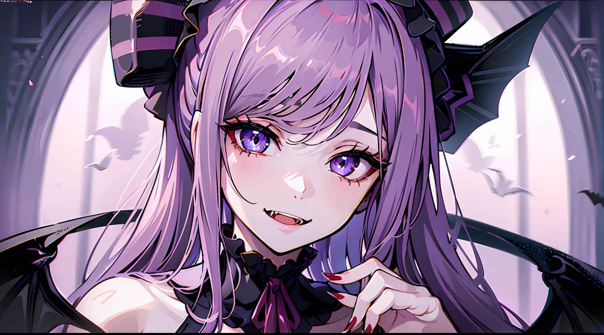 1 girl, smile, bad smile, solo, viewer's gaze, butterfly hair ornament, two long fangs growing from the mouth, sharp fangs, bat wings, blue eyes, upper body, sleeveless, sitting, red nails, (masterpiece, highest quality, highest quality, official art, beautiful and aesthetic: 1.2), lilac hair, portrait of a European woman's face, person looking at the viewer, detail, complex details, 4K, ultra high definition, solo focus, pale skin, baroque, gothic lolita, lace, elegant, smooth, smooth anime CG art, movie lighting, vampire, sexy pose, seduction