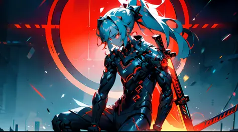 A mech girl, long silver-white hair and a ponytail and waist, eyes with red glow, wearing a black sexy mech suit, red torn cloak...