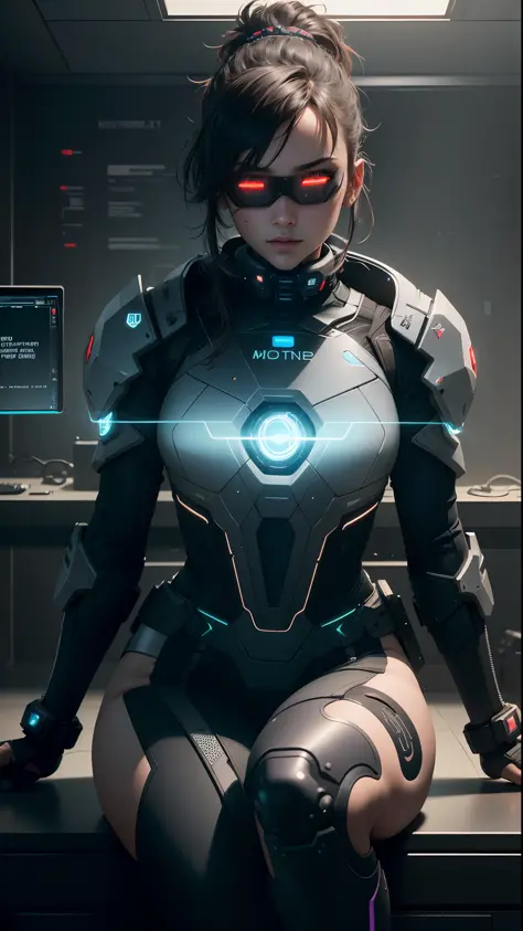 ((Best Quality)), ((Masterpiece)), (Very detailed: 1.3), 3D, Beautiful (Cyberpunk: 1.3) Female hacker, laser eye patch, mohican ...
