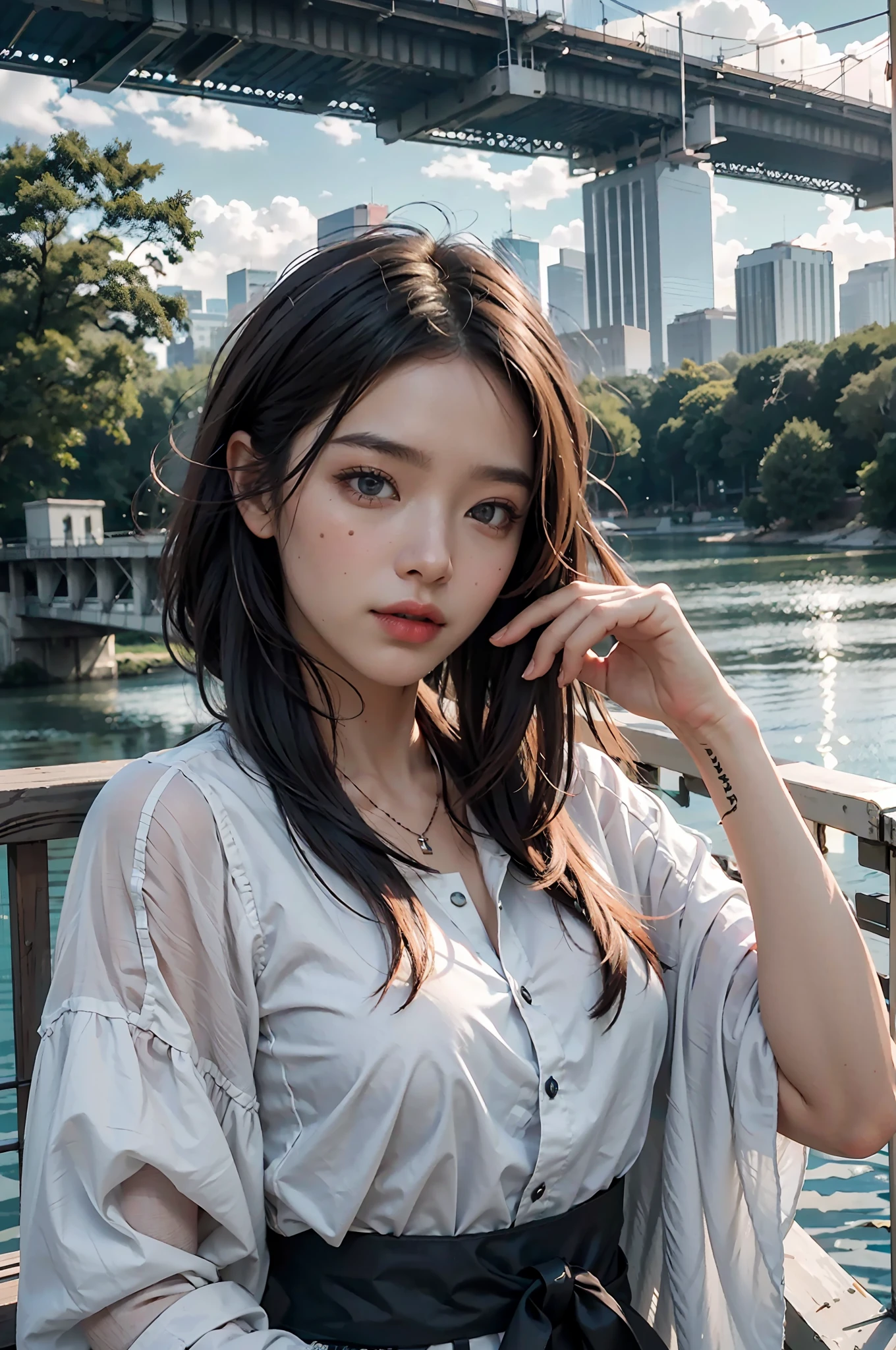 best quality, masterpiece, photo realism, intricate detail, raw photo, photon rendering, octane rendering, ridiculous, ultra-detailed, detailed face and multicolored hair, detailed skin, trend in artstation,8k masterpiece, cinematic lighting, landscape, landscape, no one, cityscape, sky, city, clouds, outdoors, building, sunset, city lights, bridge, river, tree, roadn, artist name,