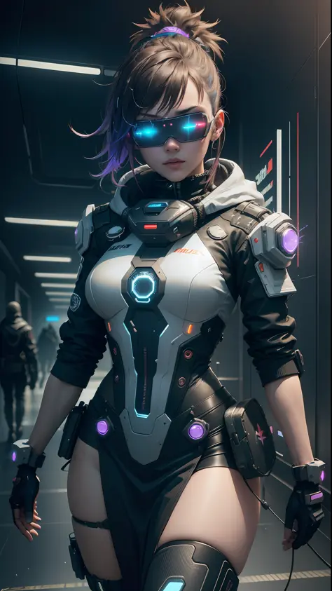 ((Best Quality)), ((Masterpiece)), (Very detailed:1.3), 3D, Beautiful (Cyberpunk:1.3) Female hacker, mohican hairstyle, thick ha...