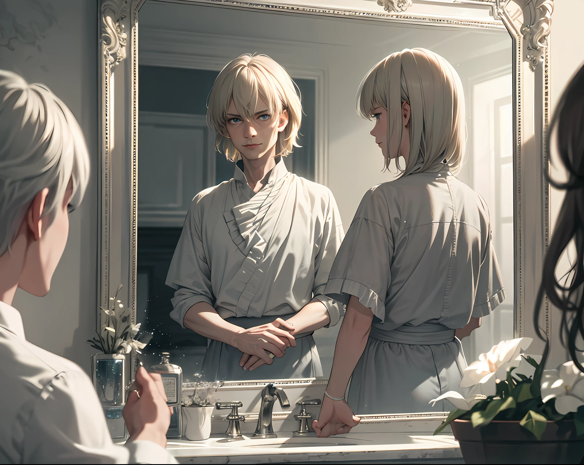 (Best Quality, Masterpiece), (Extremely Detailed CG Unity 8k Wallpaper, Masterpiece, Best Quality, Ultra Detailed), (British, Elegant) (High Cold Boy, High Angle, In front of the Mirror), (Blue Eyes, White Blonde Hair: 1.2), Delicate Facial Features, Pure Smile, (Floating Hair, Dynamic Pose), (Soft Light, Shallow Depth of Field), (American Style, Fantastic Atmosphere) Hesitant Medium Wide Angle Lens [Pig: Mick Jagger:5], Snow, Shallow Depth of Field, Movie Stills, Rustic core, circular polarizer