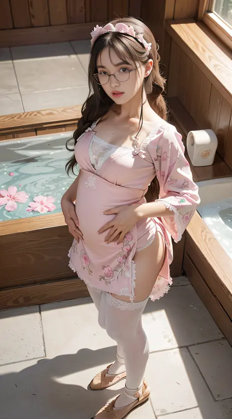 A pregnant woman，Carrying four fetuses in her belly，Sling pajamalack。Alone  in the room，The amniotic water broke - SeaArt AI