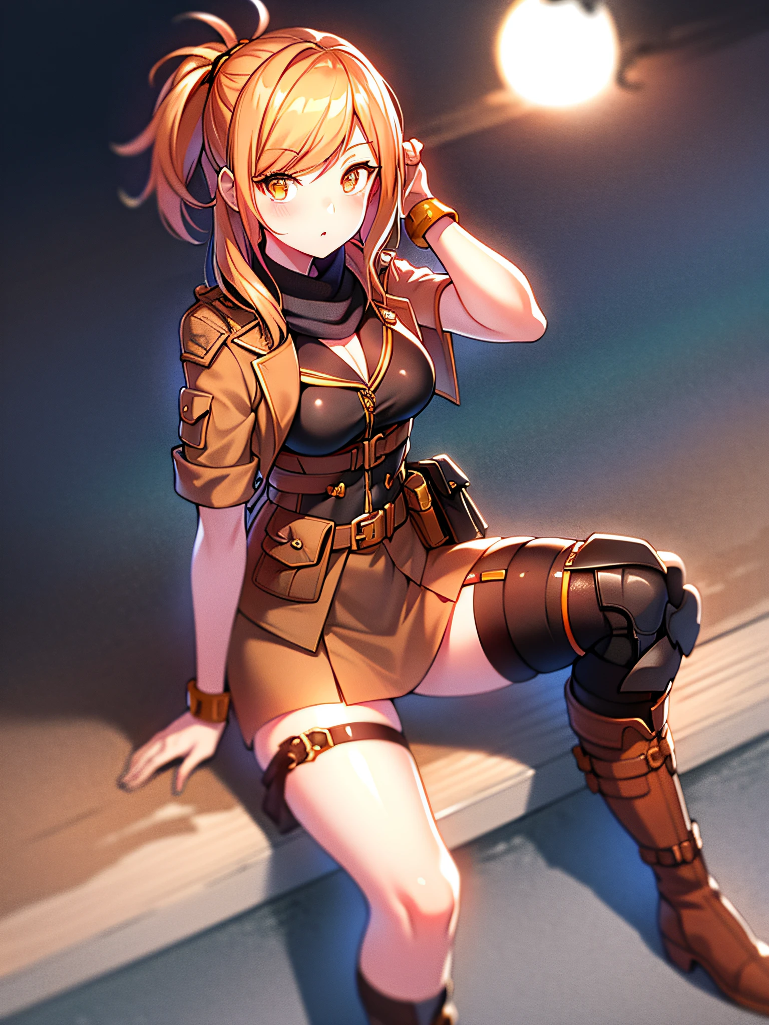 orange eyes light,richly faded light orange hair, anime 1girl, no  skirt, brown military boots, pouch on the waist belt, khaki bikini, "black tights", "dark_orange knee pad on right leg",( night city:1.4), black long cloak, (good hand:1.5 ) good legs, (Good face: 1.5), 1girl, best hand, no worst hand. without clothes, in big city