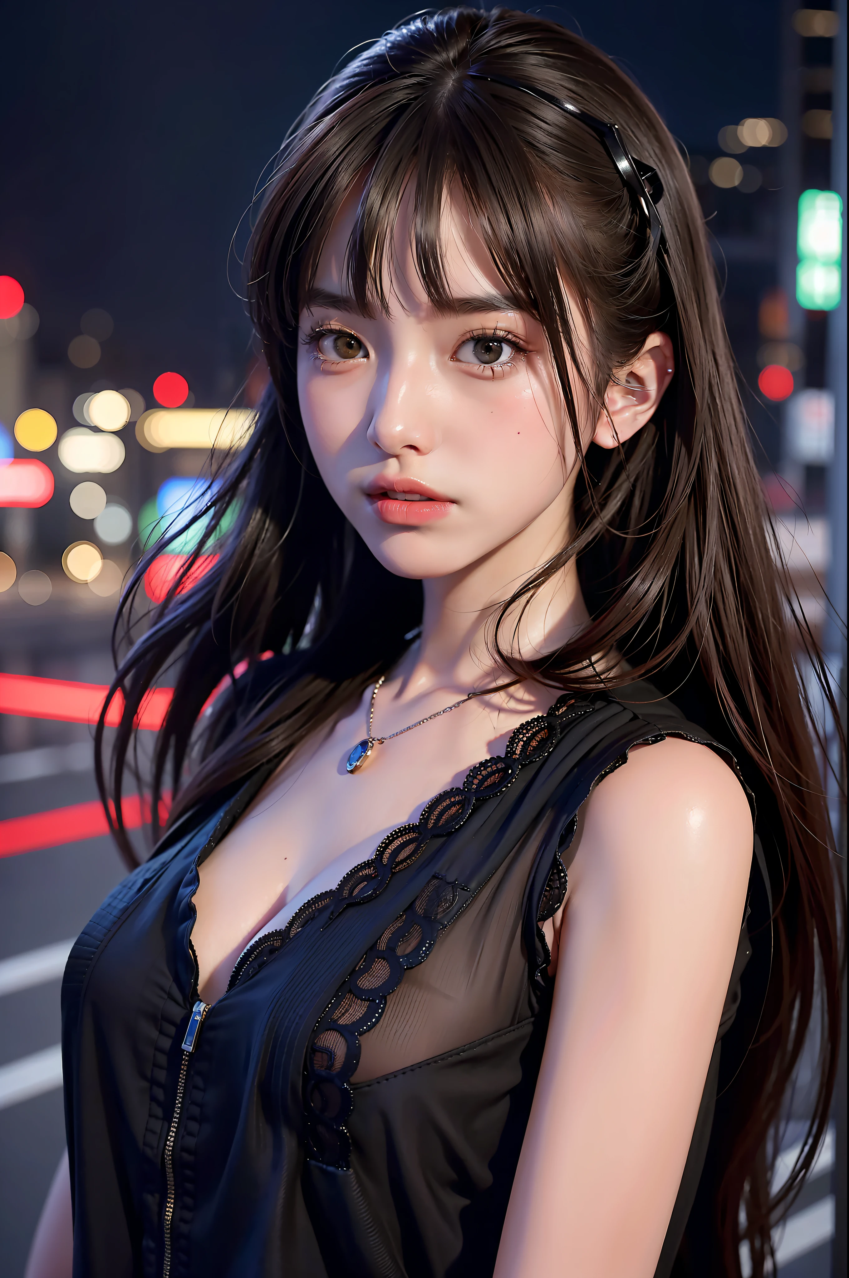 1girl, Tokyo street,night, cityscape,city lights, upper body,close-up, 8k, RAW photo, best quality, masterpiece,realistic, photo-realistic,