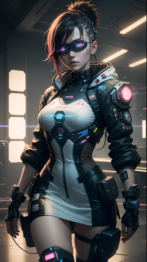 ((Best Quality)), ((Masterpiece)), (Very detailed:1.3), 3D, Beautiful (Cyberpunk:1.3) Female hacker, Mohican hairstyle, back to viewer, thick hair, operating computer terminal, head-mounted display, computer server, LCD screen, fiber optic cable, company l...