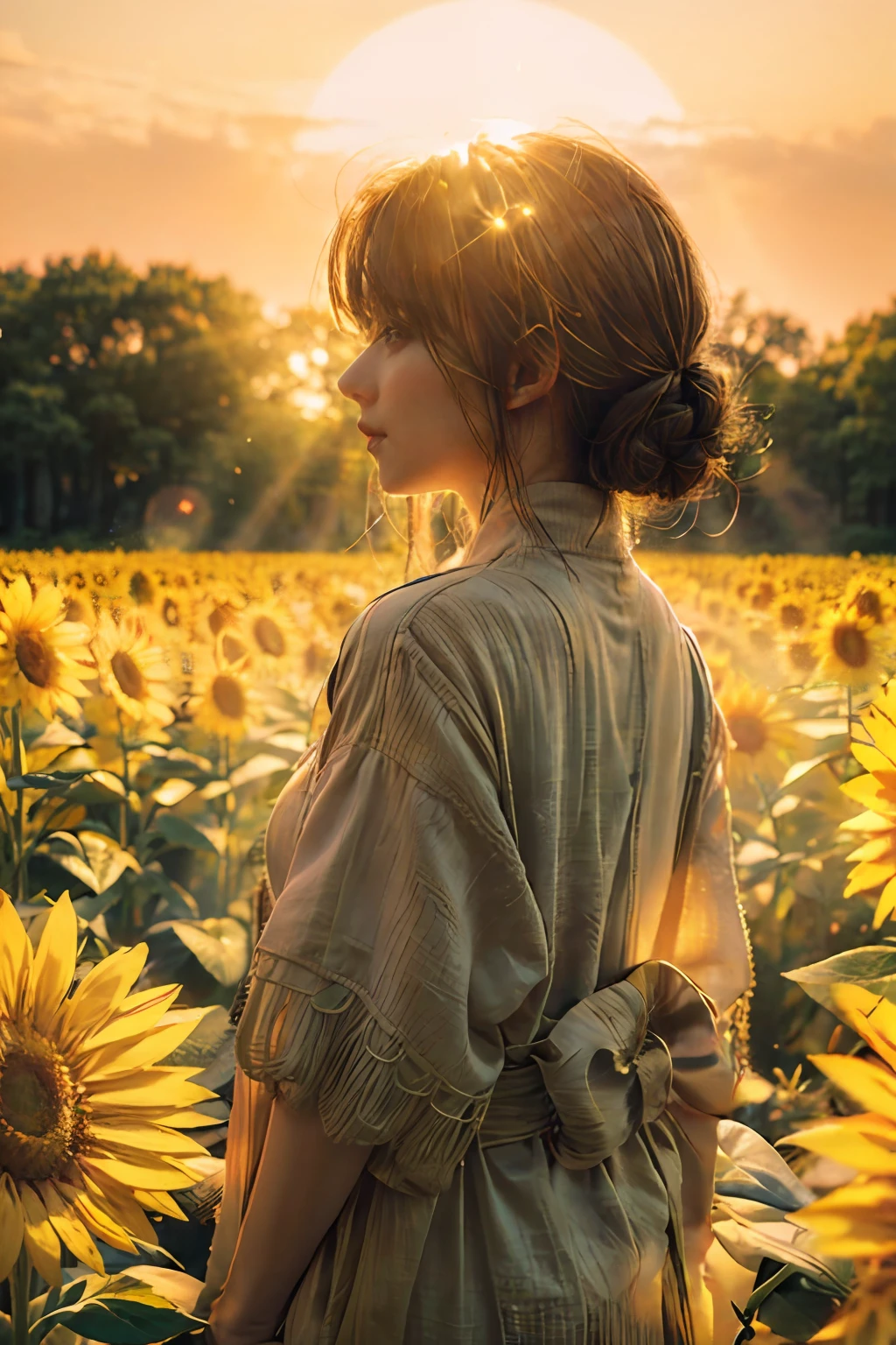 Side view, a girl in a vast sunflower plantation, wearing a green blous and a thin cardigan, looks cheerful and happy, at sunset, there is a golden sunlight penetrating from between her hair floating in the wind. (Masterpiece,realistic,best quality):1.4, delicate photo, intricate detailed, ray tracing, hi-res CG, ultra detailed, 8k wallpaper, unity, artstation, dslr, hi-res photography, best shadow, cinematic light