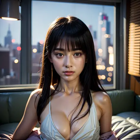 Young Japan woman in thin summer clothes standing in sophisticated bedroom, seductive and she is nerdy and has dark hair, small, no makeup, no makeup, suppin, afternoon light illuminates the room, Instagram Post A Photo of A Japanese teenager girl wear lig...