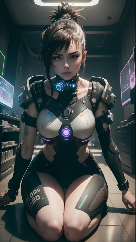 ((Best Quality)), ((Masterpiece)), (Very Detailed:1.3), 3D, Beautiful (Cyberpunk:1.3) Female hacker, Mohican hairstyle, kneeling...