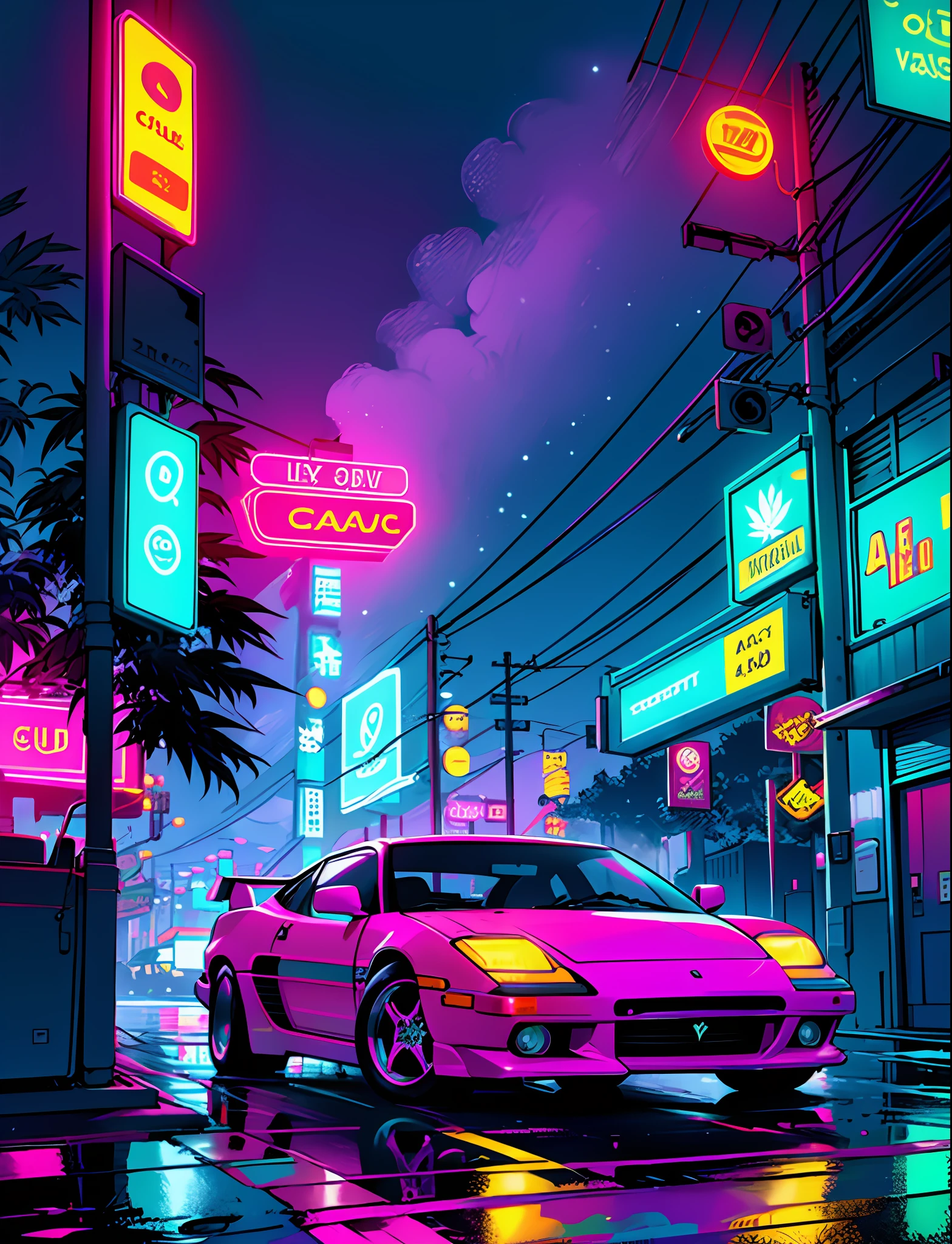 Cool chic car on a wet road. , neon lights, neon, retrowave, club,,,, in love Hemp, leaf, marijuana, cannabis, ((illustration)), colorful, wallpaper, energy, secret, magical environment, omniscience, prediction of the future, understanding the past, frost magic, --v 6