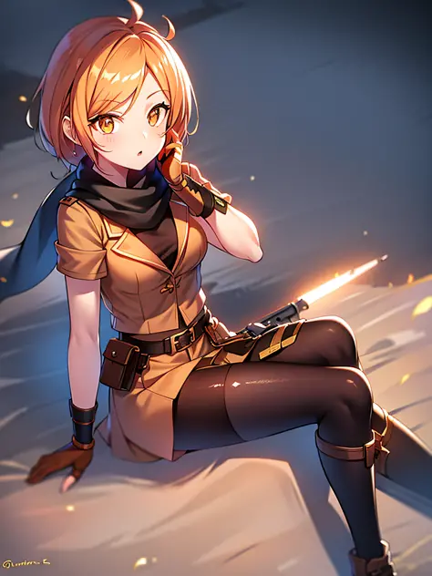 orange eyes light,richly faded light orange hair, anime 1girl, no  skirt, brown military boots, pouch on the waist belt, khaki b...