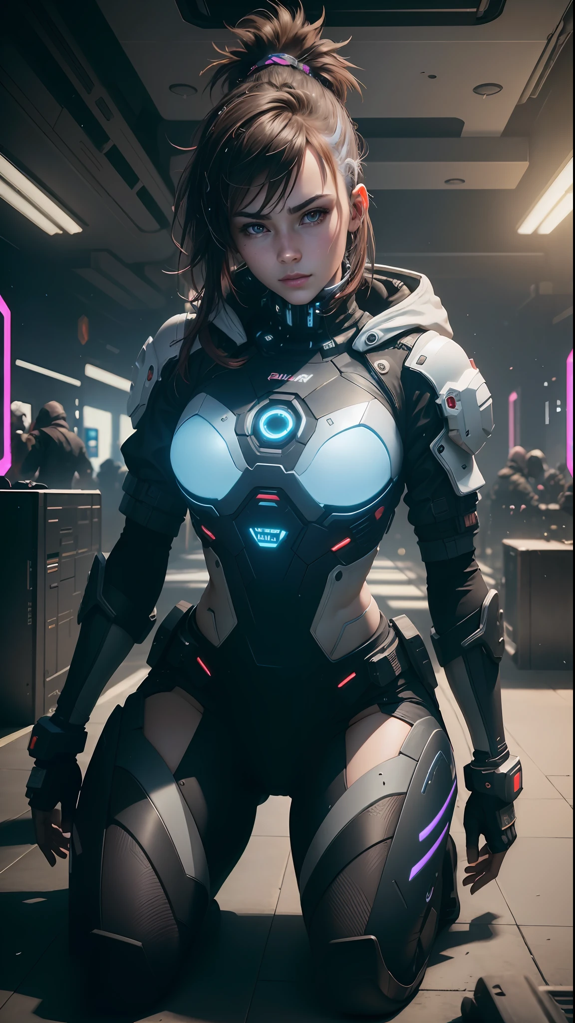 ((Best Quality)), ((Masterpiece)), (Very detailed:1.3), 3D, Beautiful (Cyberpunk:1.3) Female hacker, Mohican hairstyle, energy core on chest, kneeling on the ground, thick hair, operating computer terminals, head-mounted displays, computer servers, LCD screens, fiber optic cables, company logos, HDR (High Dynamic Range), ray tracing, NVIDIA RTX, Super Resolution, Unreal 5, Subsurface scattering, PBR textures, post-processing, anisotropic filtering, Depth of field, maximum sharpness and sharpness, multi-layered textures, albedo and highlight maps, surface shading, accurate simulation of light-material interactions, perfect ratios, octane rendering, duotone lighting, low ISO, white balance, rule of thirds, wide aperture, 8K RAW, efficient sub-pixels, subpixel convolution, luminous particles, dynamic pose