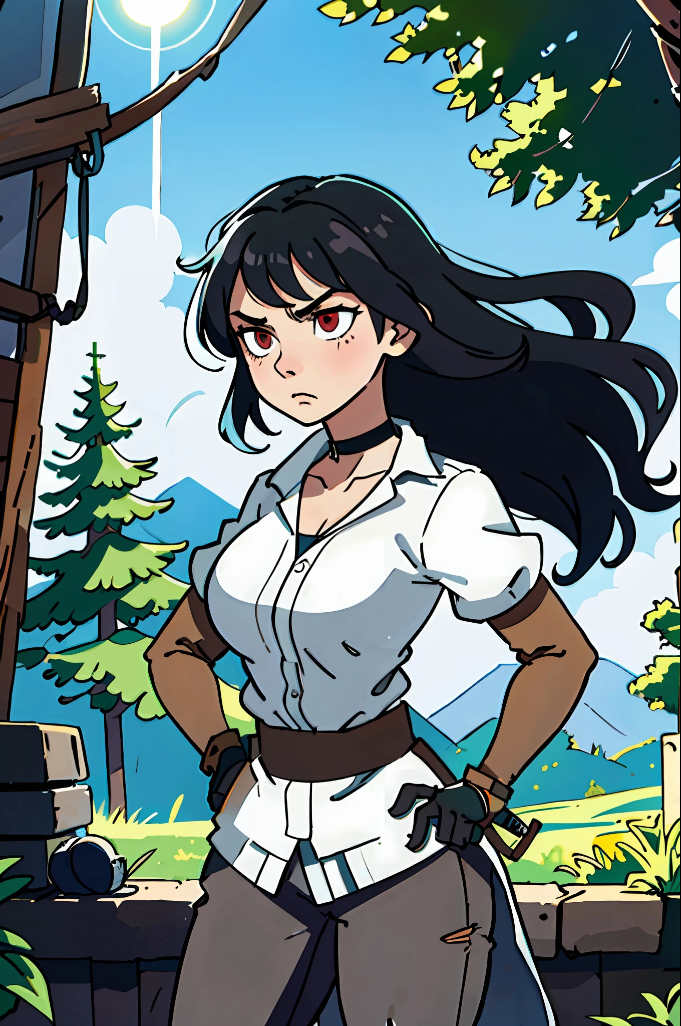 (best quality: 0.8), perfect illustration anime, masterpiece, natural lighting, 1girl, 1girl, solo, black hair, red eyes, jewelry, gloves, looking at the viewer, earrings, thighs, large breasts, black gloves, wide hips, choker, thick thighs, thorns, cowboy shot, black choker, neutral expression, bangs, long hair, wavy hair, hands on hips, forest, outside, day, rays of sun, crazy eyes,   Neckline, confident, ruins, angry, torn clothes, brown pants, ninja