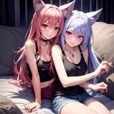 Close-up, upper body, one girl, smile, wolf ears, wolf tail, pink eyes, hair between the eyes, split color hair: 5, striped hair, long hair, hair ends jewelry, (tank top and hot pants: 15), jewels, AI super luxurious bedroom and cute interior: 5, (on bed: ...