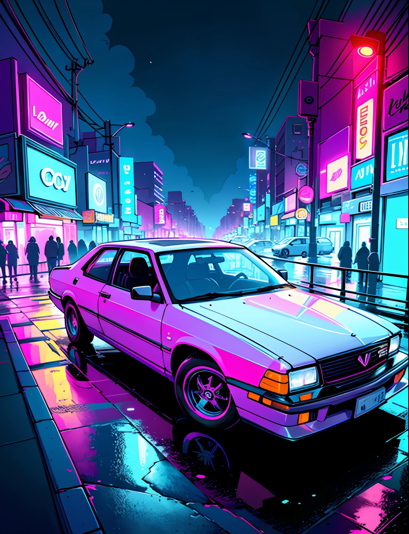 Cool chic car on a wet road. , neon lights, neon, retrowave, club ...