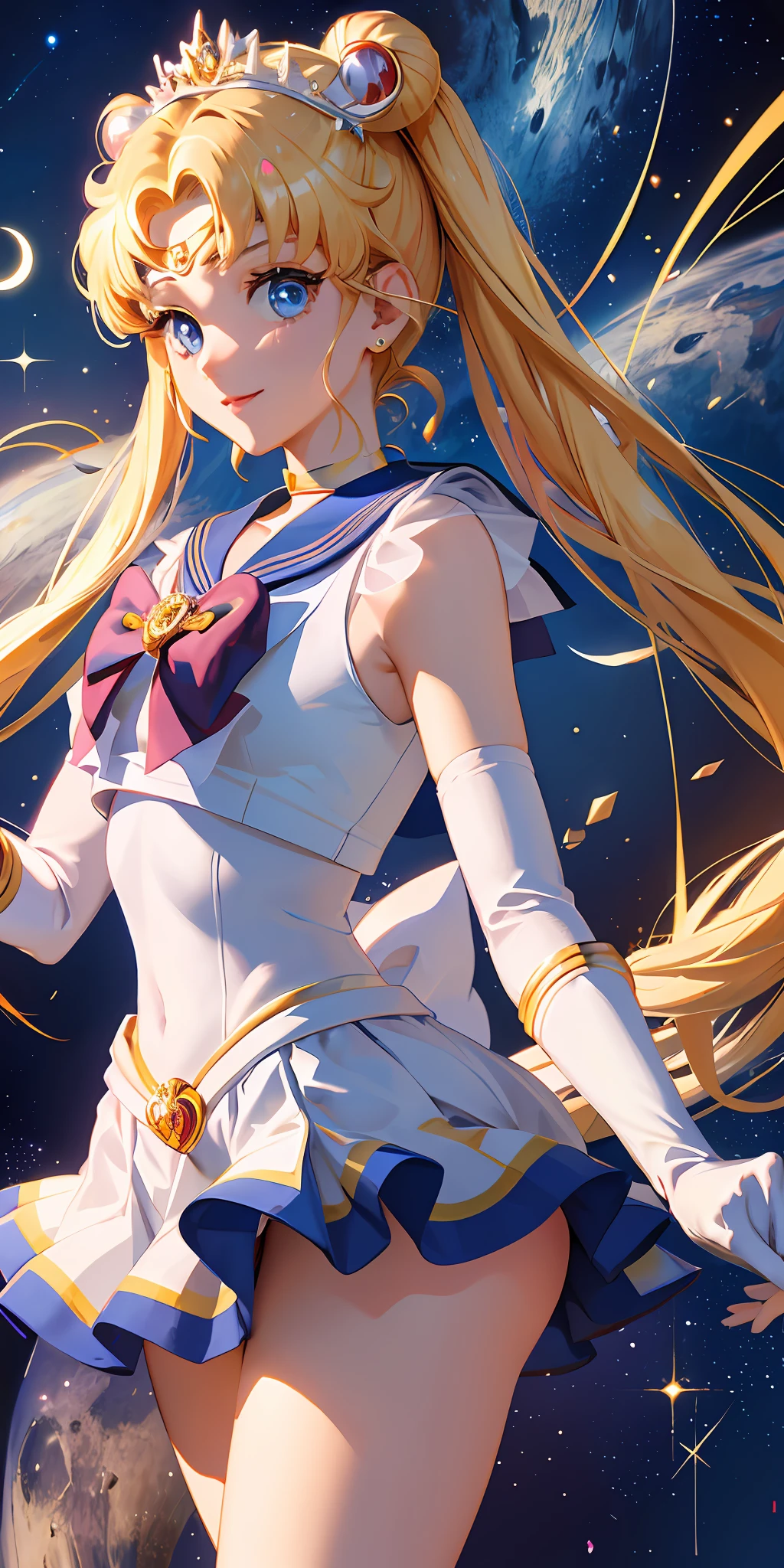 Masterpiece, Best Quality, Hi-Res, Moon 1, 1 Girl, Solo, Sailor Senshi Uniform, Sailor Moon, Usagi Tsukino, Blonde, Magical Girl, Blue Eyes, White Panties, Red Scarf, Elbow Gloves, Tiara, Blue Skirt, Pleated Skirt, Mini Skirt, Choker, White Gloves, Jewelry, Earrings, Smile, Background Is Space (Excellent Detail, Excellent Lighting, Wide Angle), skirt lift, show panties,