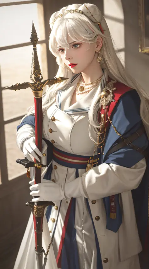 at war, upset, necklace, earrings, full body, long white hair, uniform, carrying sword, superb, ultra-high-definition, raw photo...