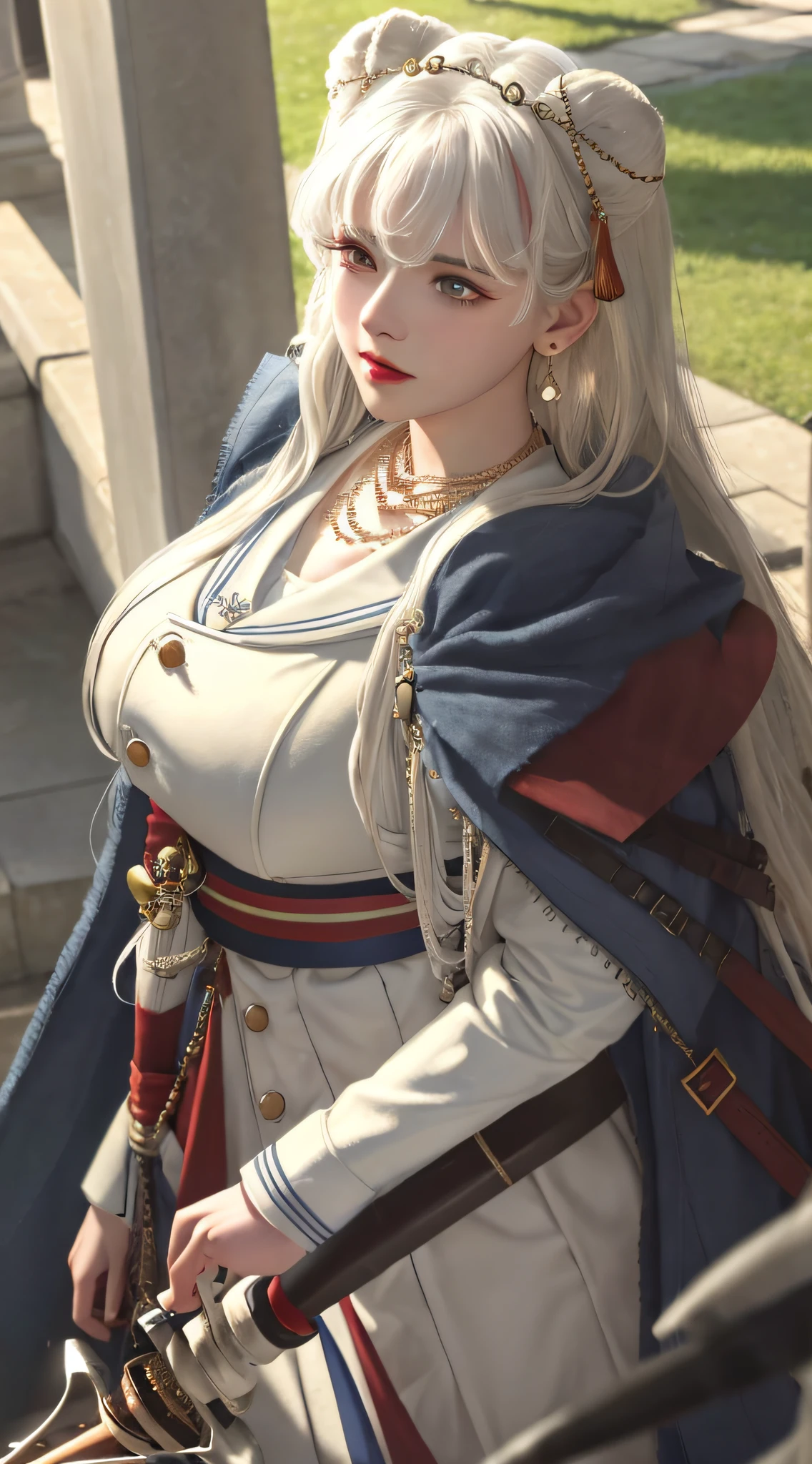 At war, upset, necklace, earrings, full body, long white hair, uniform, carrying sword, superb, ultra-high-definition, RAW photo, realism: 1.25), (bright lip gloss, long eyelashes, smooth face, bright skin, natural shadows, wide light, wide light, depth of field, strong colors, subtle caustics: 0.8), (big tits), v6