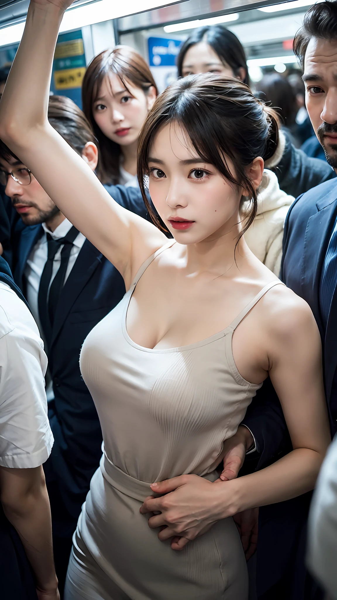 (Best Quality, 8k, 32k, Masterpiece, UHD: 1.2), Depth of Field: 1.2, Black Smoke: 1.1, Cute Japan Woman Pictures, Small Women, 20 Years Old, Beautiful and Perfect Face, Short Hair, Ponytail, Brown Short Hair, Beauty Face, Slender: 1.2, Small Breasts: 1.2, Complex Details, Cinematic Feeling,Shy, Panic face, mouth open and pleasant-looking face, cowboy shot, composition with no face visible except for women, looking at breasts, embarrassed: 1.2, crowded train: 1.37, crowded: 1.37, emphasis on the armpits, long dress, thin fabric, thong, mekosuji, crotch open, pubic hair is very much protruding, clothes with exposed breasts, exposed breasts from the side, exposed armpits, exposed navel, (molested, surrounded by tall men on a crowded train, body in close contact with men, hands put in the lower half of the body by men, undressed by men, covered lift, skirt lift: 1.1), (beautiful nipple slip: 0.9)