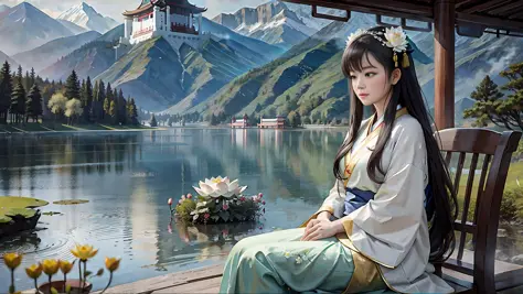 Chinese ancient style, in the pavilion by the lake, a woman wearing traditional Chinese traditional white Hanfu, the woman sits ...