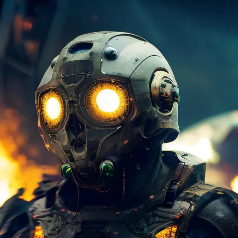 fking_scifi_v2, portrait of an alien , large eyes,  helmet, armor, military, shield, slick skin, slime, large mouth, futuristic building with glass windows, fire and smoke in background, 80mm, f/1.8, dof, bokeh, depth of field, subsurface scattering, stipp...