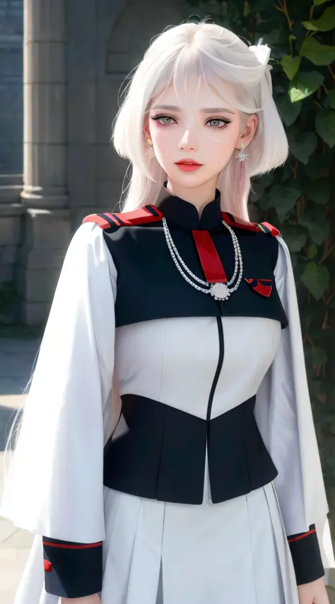 At war, upset, necklace, earrings, full body, long white hair, uniform, carrying sword, superb, ultra-high-definition, RAW photo...