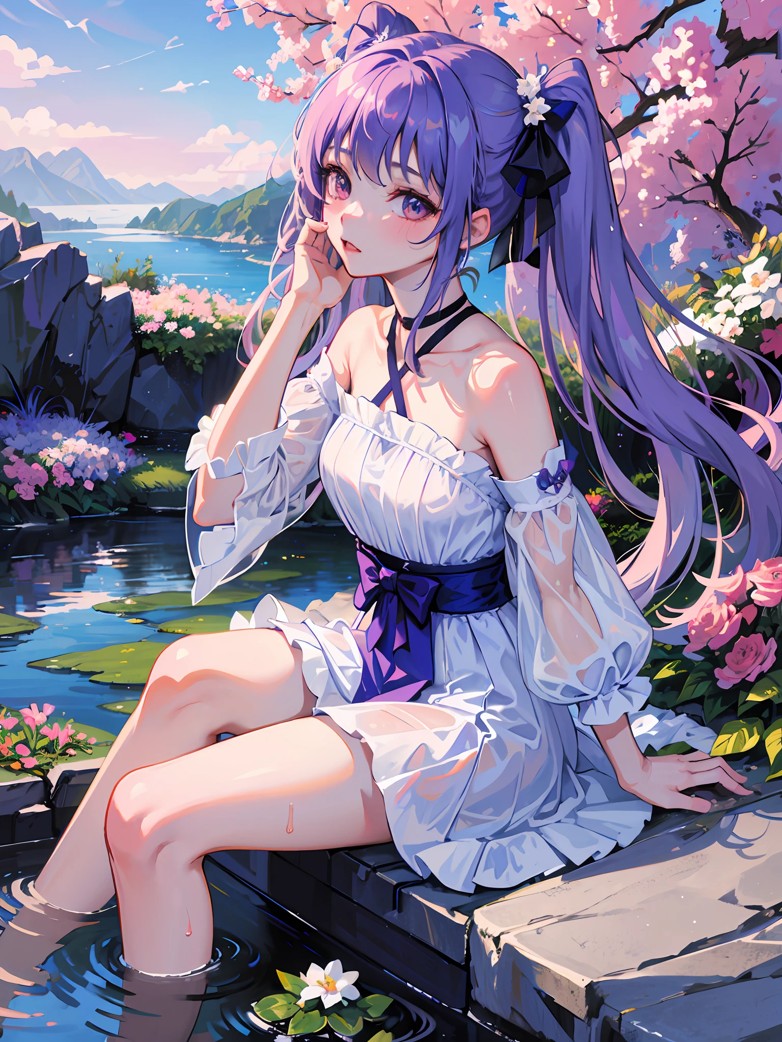 ((Best Quality, 8K, Masterpiece: 1.3)), {{Masterpiece}}, Illustration, Best Quality, Very Detailed CG Unity 8k wallpaper, 1girl_solo, full_body, from_top, looking_at_viewer, looking_up, (White Pantyhose: 1.3), Purple Hair, Double Tail, (Nude Dress: 1.3), hair_ribbon, Strong Edge Light, Lake, Flowers, Rain, clothes splash, (wet clothes: 1.5), 16 years old, good figure, sexy and charming woman, sitting, collarbone, slip sleeveless dress, Sleeveless, The arms are unobstructed,