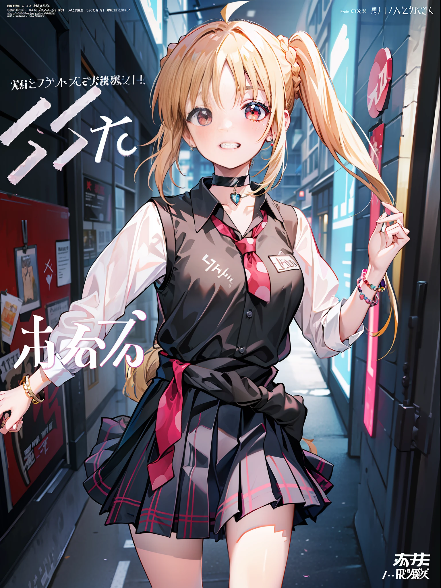 masterpiece, best quality, full body, 1girl, bangs, black choker, black necktie, blonde hair, blue skirt, blush, bracelet, breasts, choker, clothes around waist, collarbone, collared shirt, cowboy shot, dress shirt, ear piercing, eyebrows visible through hair, gradient hair, grin, gyaru, jewelry, kogal, long hair, looking at viewer, loose necktie, necktie, piercing, plaid, plaid skirt, pleated skirt, red eyes, ring, school uniform, shirt, skirt, smile, solo, white shirt, street, sky, cherry blossoms, petals,illustration, (magazine:1.3), (cover-style:1.3), fashionable, woman, vibrant, outfit, posing, front, colorful, dynamic, background, elements, confident, expression, holding, statement, accessory, majestic, coiled, around, touch, scene, text, cover, bold, attention-grabbing, title, stylish, font, catchy, headline, larger, striking, modern, trendy, focus, fashion,