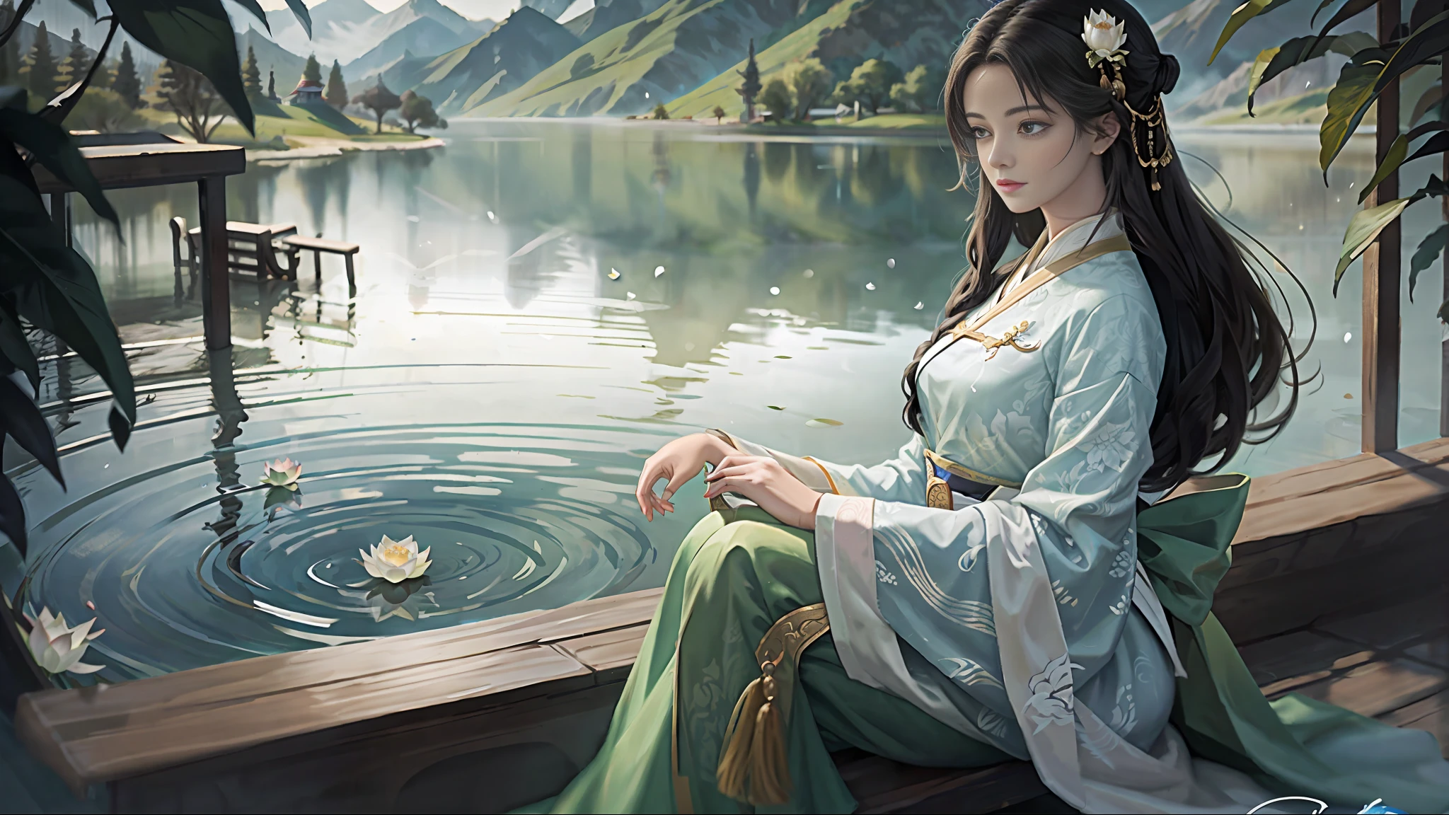중국 고대 스타일, 호숫가 파빌리온에서, 중국 전통 하얀 한푸를 입은 여자, 여자는 파빌리온의 의자에 앉아 있습니다, 여자는 호수를 바라본다, 배경에는 산 표면에 높은 탑이 서 있습니다, 호수에는 많은 연꽃이 있습니다, 호수 위에 호수를 가로 지르는 다리가 있습니다, 하늘이 이슬비가 내리고 있습니다, 비가 선명하게 보입니다, 옆에서 여자를 관찰하십시오, 여자는 황홀경에 빠진다,