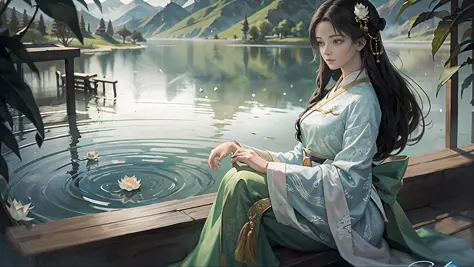 Chinese ancient style, in the pavilion by the lake, a woman wearing traditional Chinese traditional white Hanfu, the woman sits ...