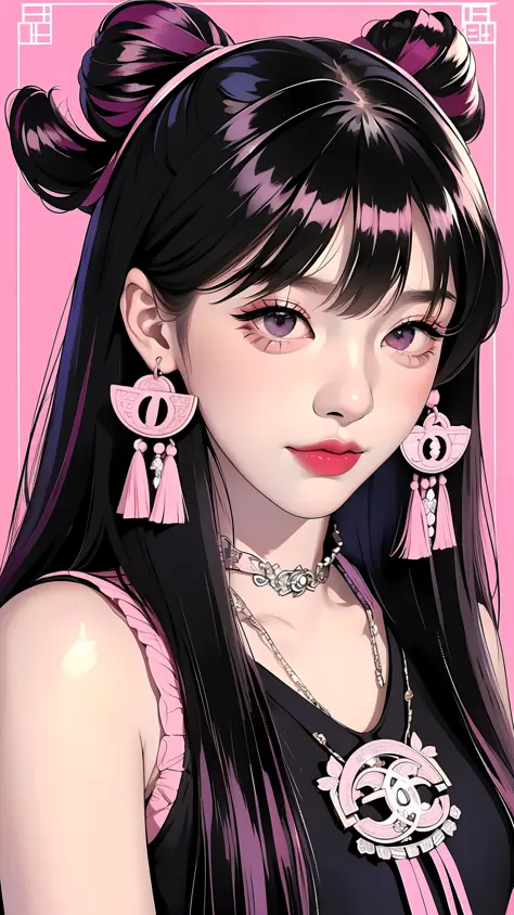 1girl, bangs, (pink and black hair), middle score bangs, closed mouth, smile, eyelashes, eyeshadow, ((nice eyes))(粉色蝴蝶结发饰)，((man...