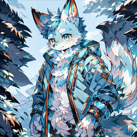 Furry male two blue white pattern fox bright pupils big tail standing wearing blue cotton jacket snow mountain snow