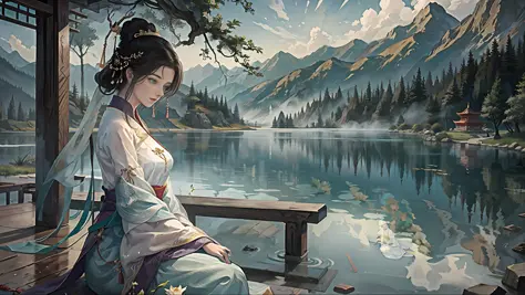 Chinese ancient style, in the pavilion by the lake, a woman wearing traditional Chinese traditional white Hanfu, the woman sits ...