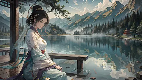 chinese ancient style, in the pavilion by the lake, a woman wearing traditional chinese traditional white hanfu, the woman sits ...