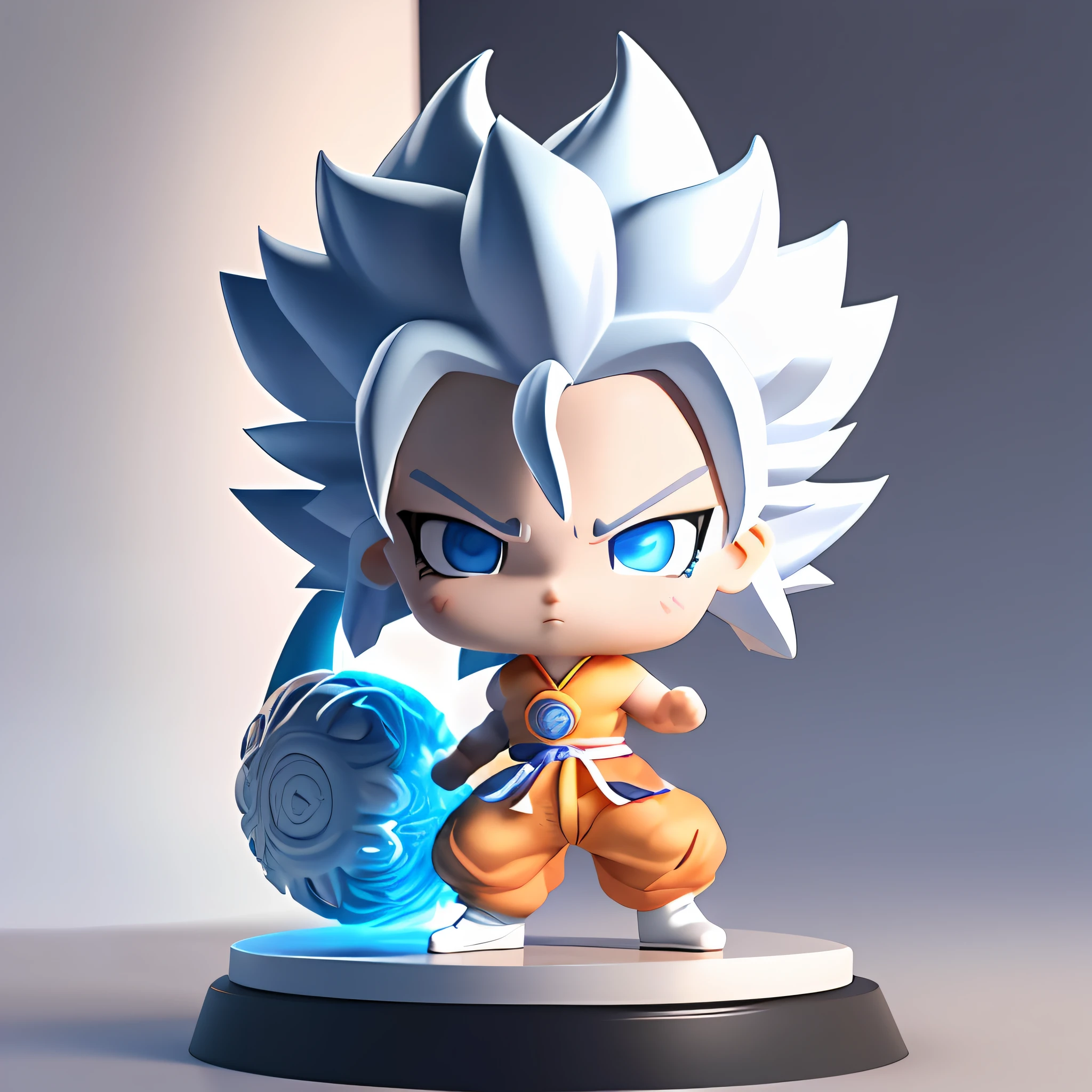 Goku, super saiyan, exquisite hair, arm depiction, white and blue hair body, exquisite shoes, facial features depiction, exquisite facial features, eye depiction, exquisite hair, popmart blind box, clay texture, stepping on the ground, black and white background, natural light, best quality, ultra detail, 3d art, c4d, oc renderer, 3d render, 8k