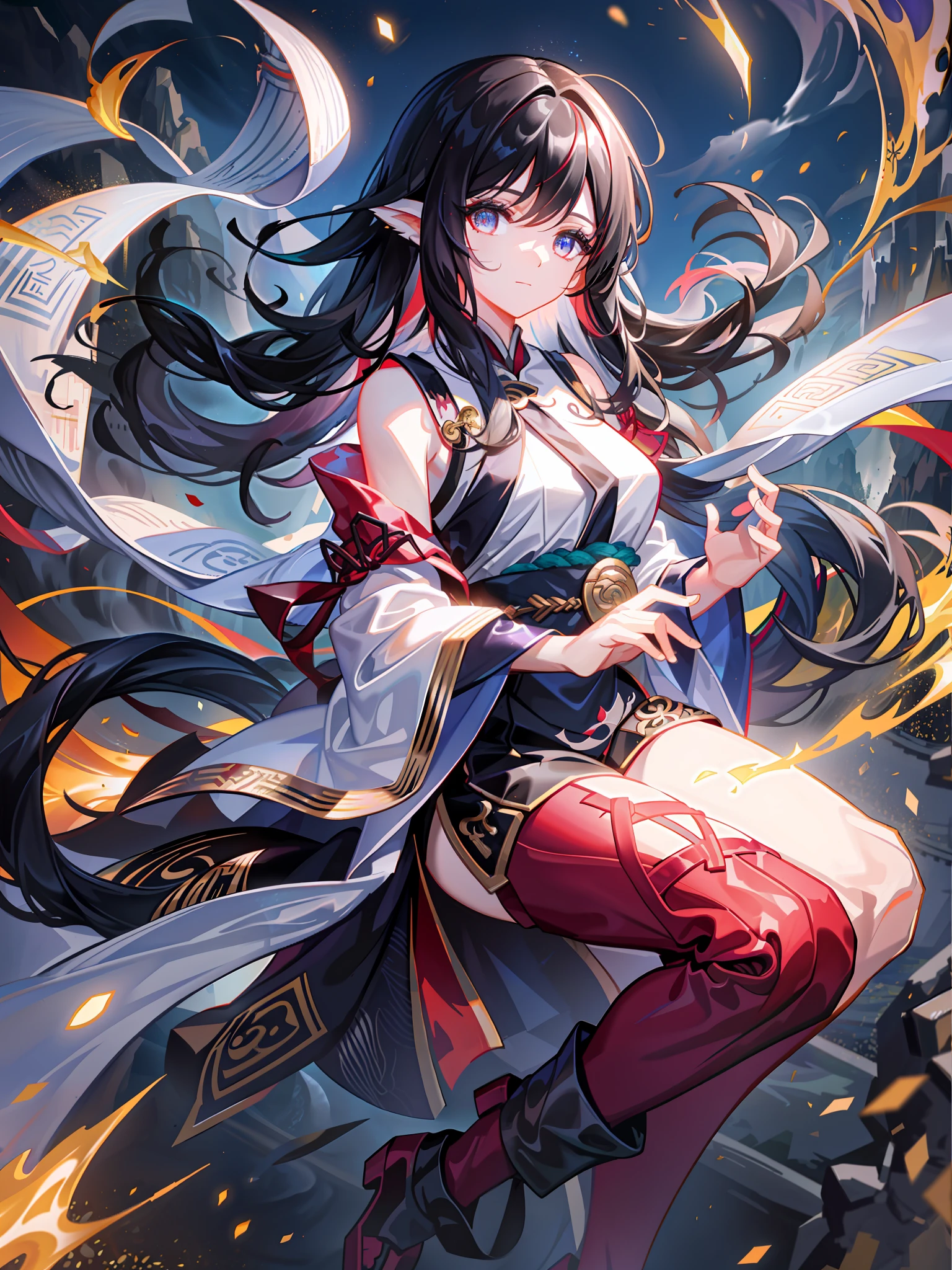 A girl with high-gloss skin and strong texture, close-up, black hair, fluffy hair, Hanfu, streamers, flowing ink, scattered energy, riding a Chinese dragon, background landscape waterfall, global illumination, rich details