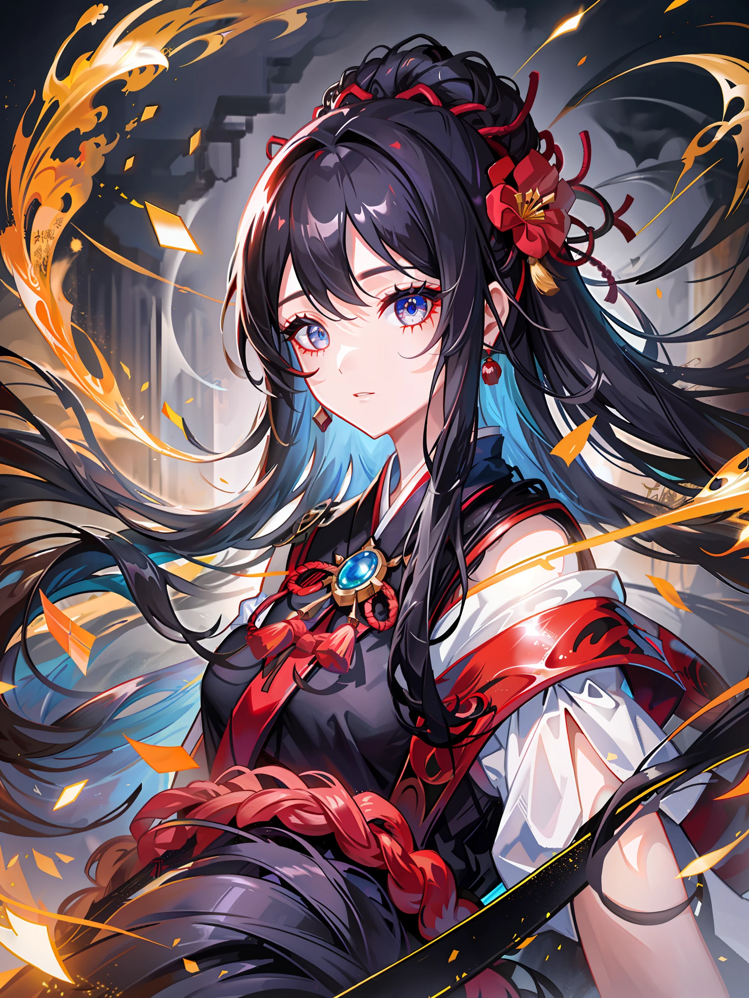 A girl with high-gloss skin and strong texture, close-up, black hair, fluffy hair, Hanfu, streamers, flowing ink, scattered energy, riding a Chinese dragon, background landscape waterfall, global illumination, rich details