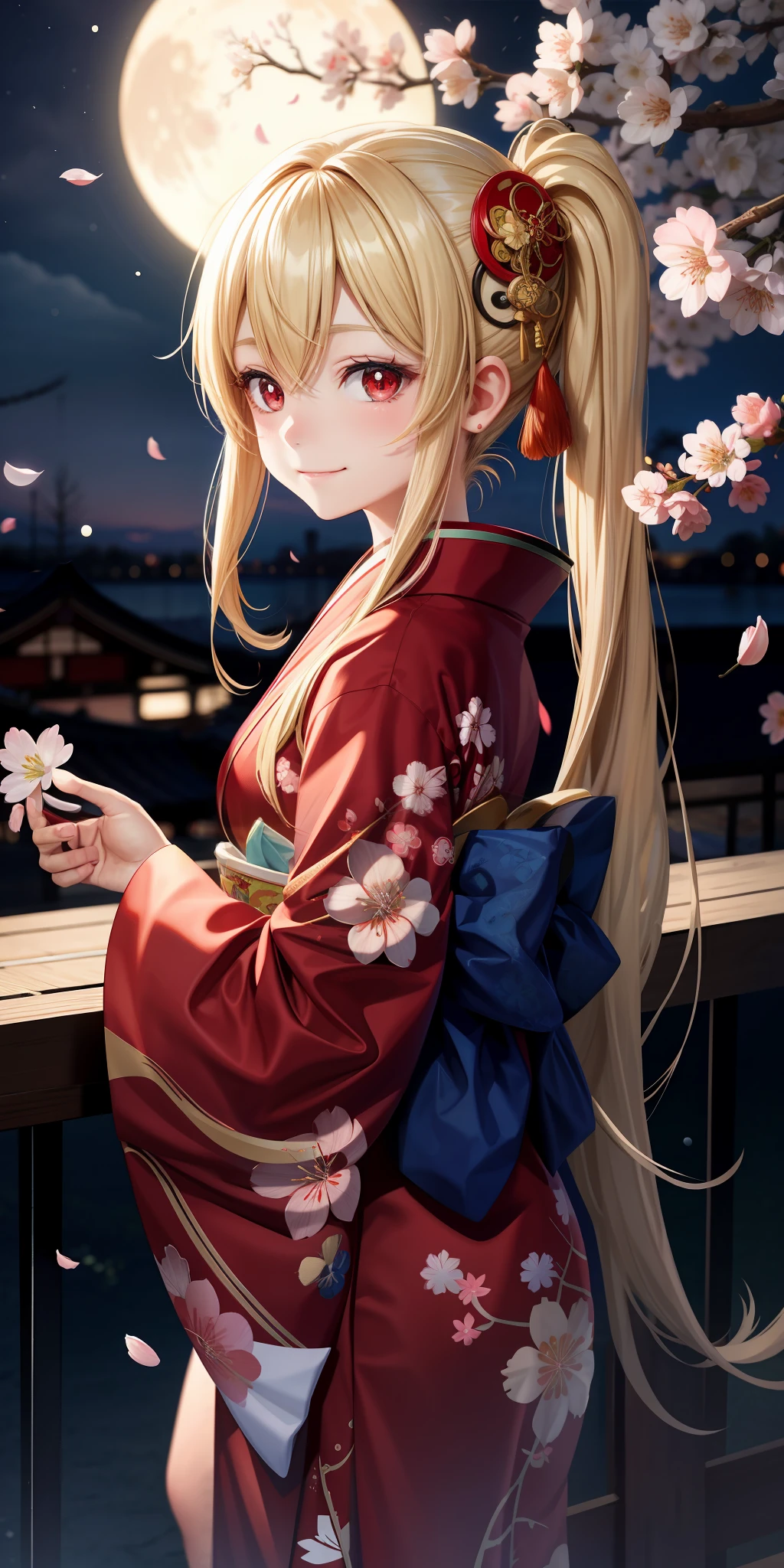 Anime girl in kimono outfit with cherry blossoms in the moonlight - SeaArt  AI