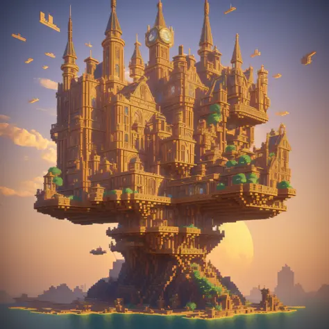 Create a mesmerizing artwork that combines elements of steampunk, Dutch Golden Age, and voxel art. Picture a bustling cityscape transformed into a fantastical realm, where whimsical airships soar against a sunset sky. Intricate clockwork mechanisms interla...