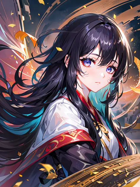A girl with high-gloss skin and strong texture, close-up, black hair, fluffy hair, Hanfu, streamers, flowing ink, scattered energy, riding a Chinese dragon, background landscape waterfall, global illumination, rich details