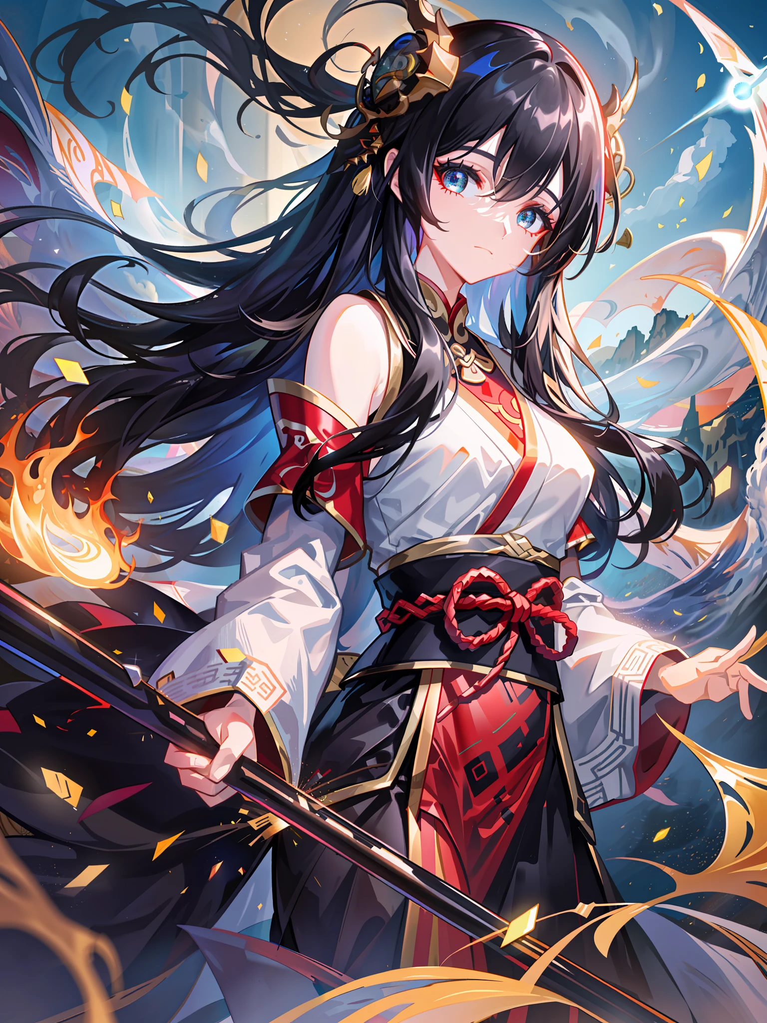 A girl with high-gloss skin and strong texture, close-up, black hair, fluffy hair, Hanfu, streamers, flowing ink, scattered energy, riding a Chinese dragon, background landscape waterfall, global illumination, rich details