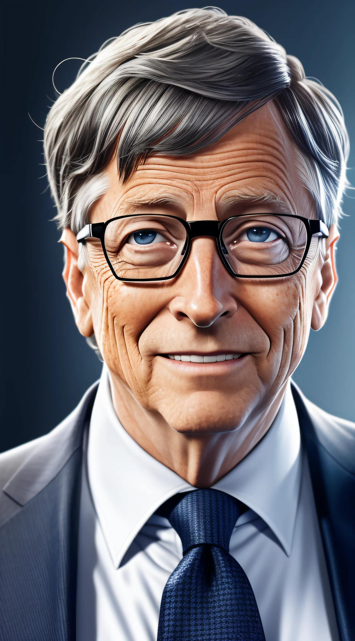 1man, Bill Gates, very silver hair, navy suit, no wrinkles, smile, confident, convincing, front look, portrait, 4k, high-res, best quality, cinematic lighting --auto --s2