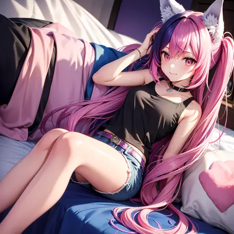 Close-up, upper body, 1 girl, smile, wolf ears, wolf tail, pink eyes, hair between eyes, split color hair: 5, ((((Colorful hair color: 1))))), (((Random hair color: 1)))), colorful hairstyle: 5, striped hair, long hair, hair end jewels, (cute random Cadeza...