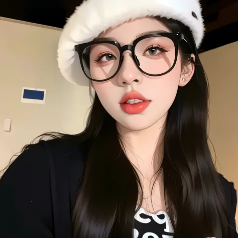 Girl, wearing glasses, long black hair, white hat