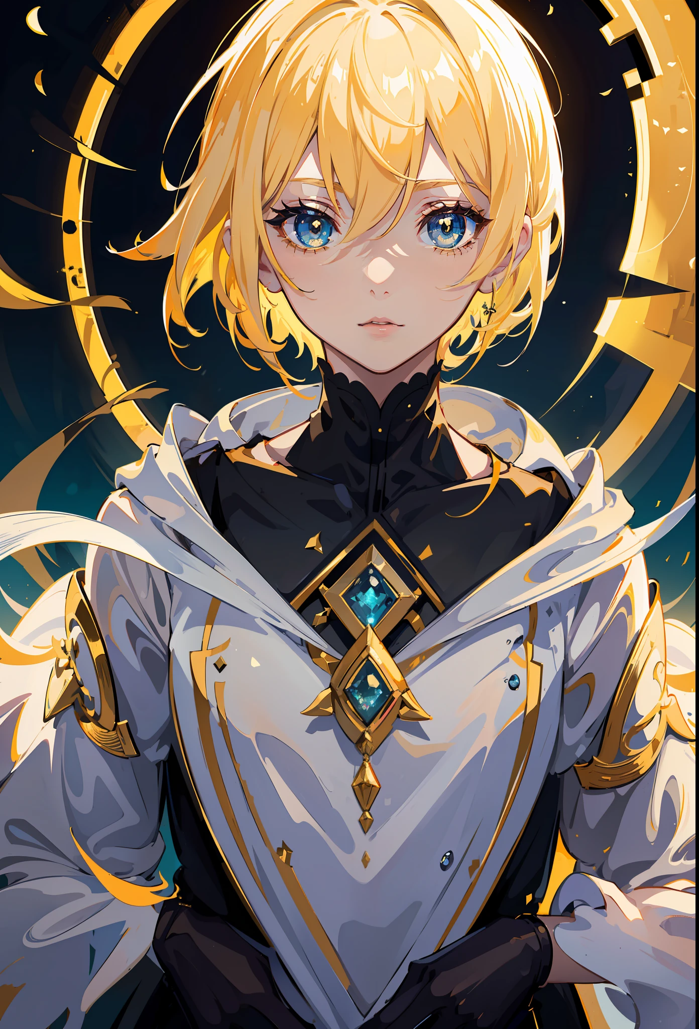 umine \(genshin impact\), short hair, blonde hair, yellow eyes, 1girl, upper body, dark lighting, looking at viewer, (epic), (elegant), ((hyper detailed)), ((best quality)), bloom, (first_person_view), shine, glimmers, bright pupils, lighting, hood down, (masterpiece, sidelighting, finely detailed beautiful eyes: 1.2)